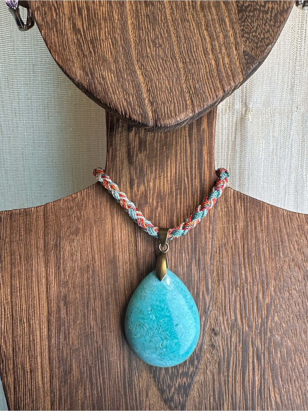 Handcrafted Green Coral Fossil Teardrop Pendant Necklace on Multicolor Rope - Picture 9 of 15